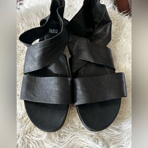 Eileen Fisher Black Leather Wide-Strap Crisscross Sandals